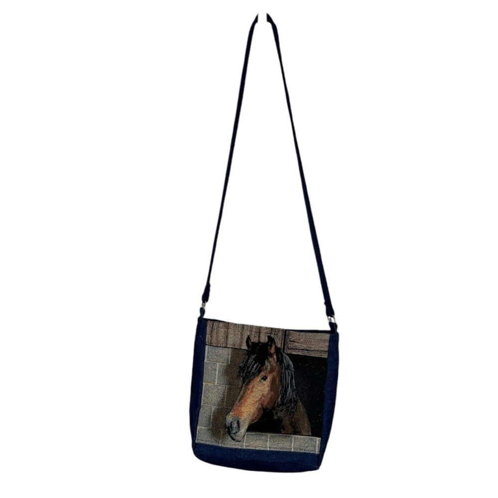 Handmade Fabric Horse Crossbody Shoulder Bag Blue Cotton Floral Interior - Picture 2 of 7